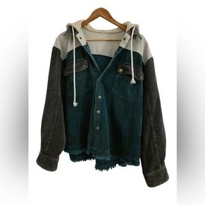 Casual Color Block Corduroy Distressed Hoodie